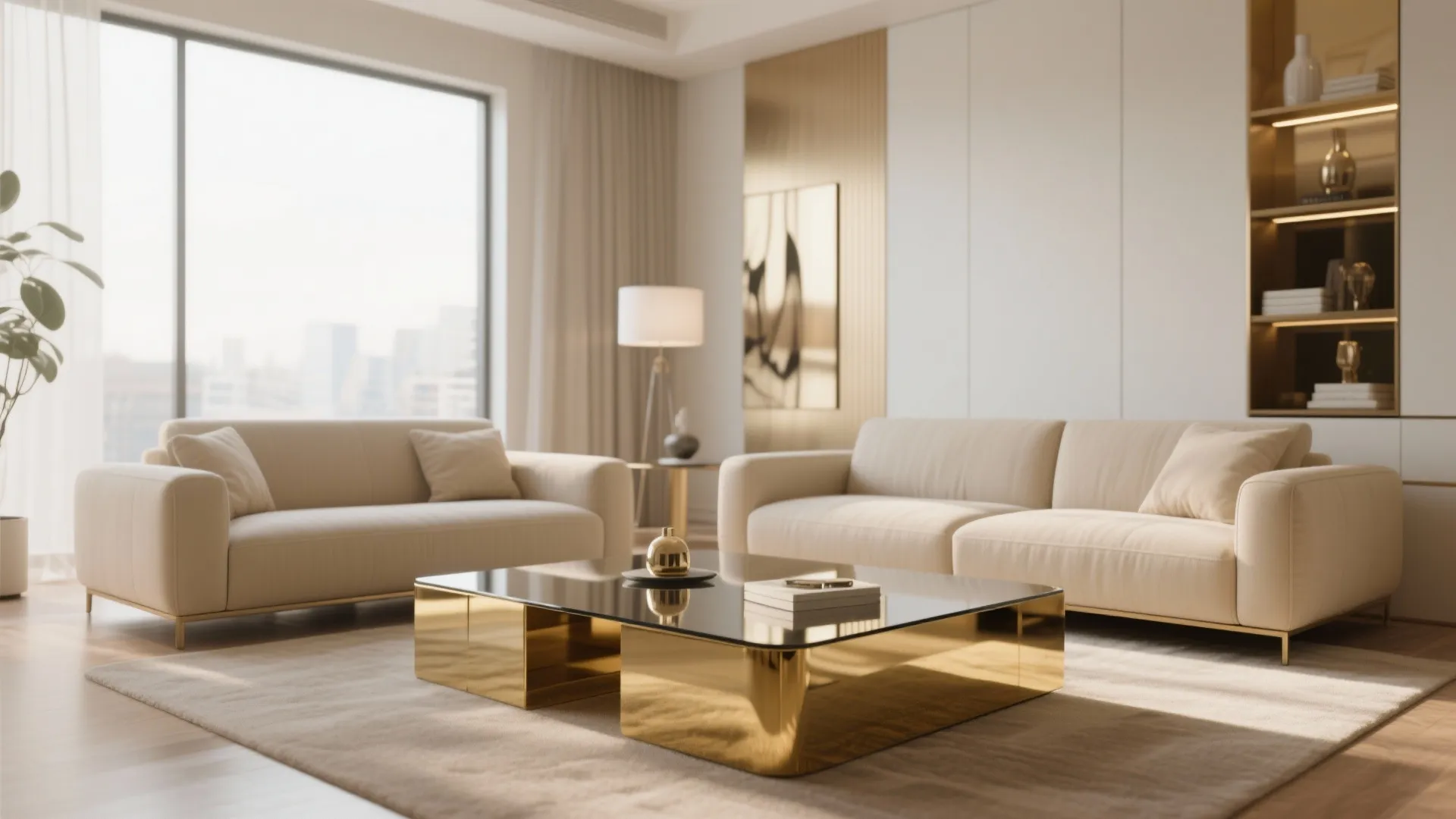 Two beige sofas facing a gold mirrored coffee table in a bright modern apartment living room