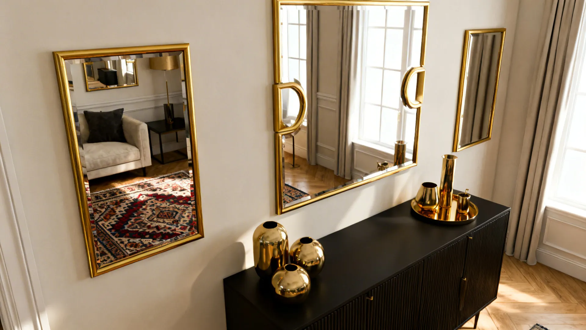 Gold mirrors above a black sideboard reflecting light and a patterned rug to enlarge the visual space.
