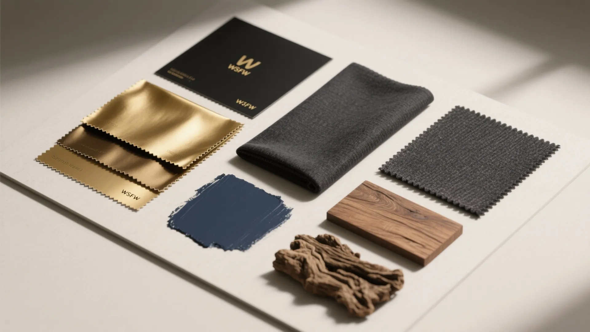 Interior design mood board showing gold fabric samples grey cloth wood block and blue paint