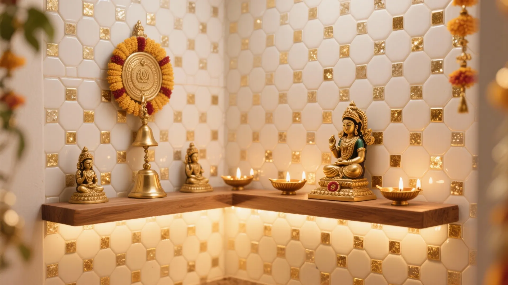 3) Porcelain Mosaic with Gold Accents for a Feature Niche