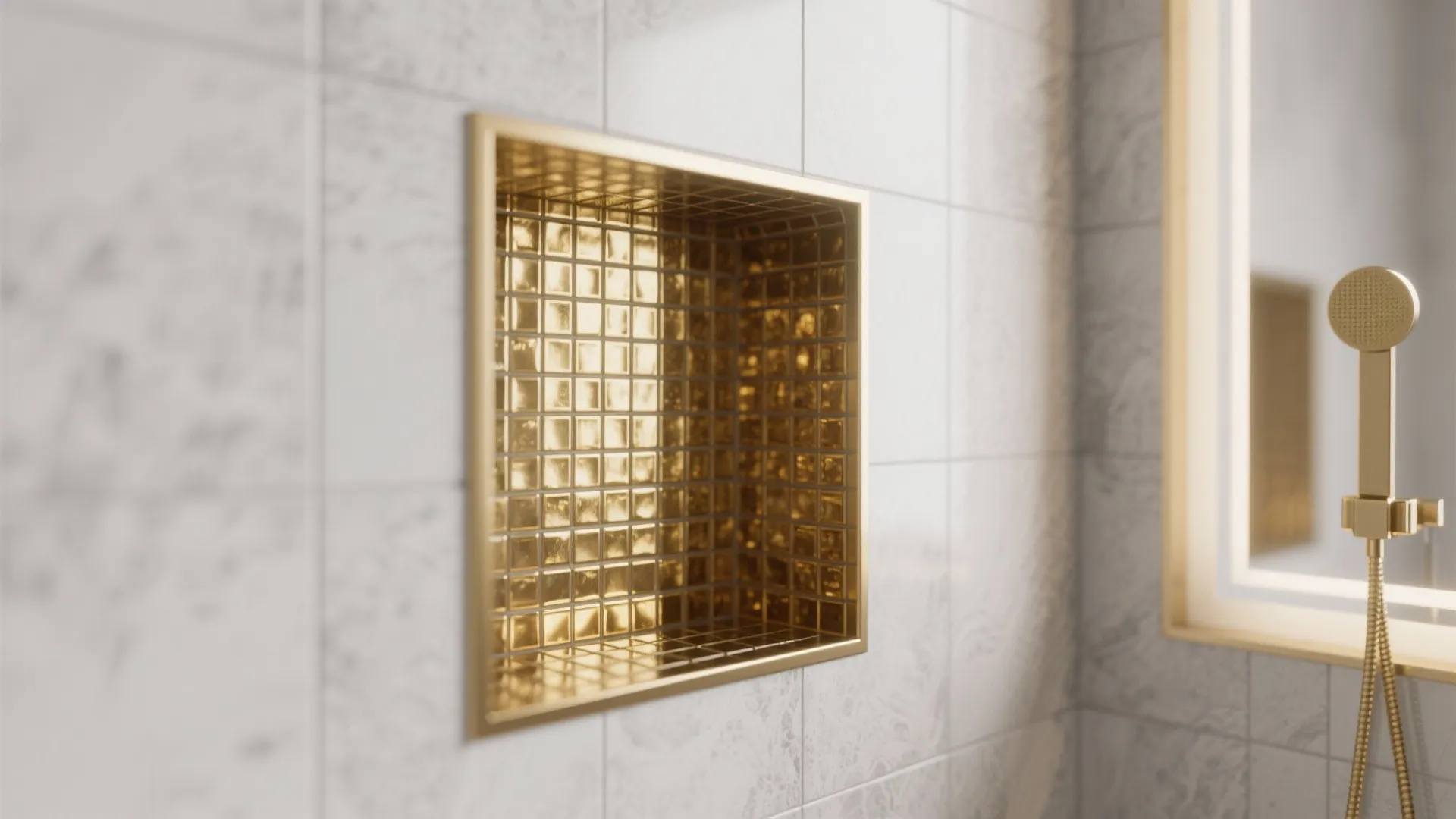 White tile shower wall featuring a square gold mosaic wall shelf and a gold shower head