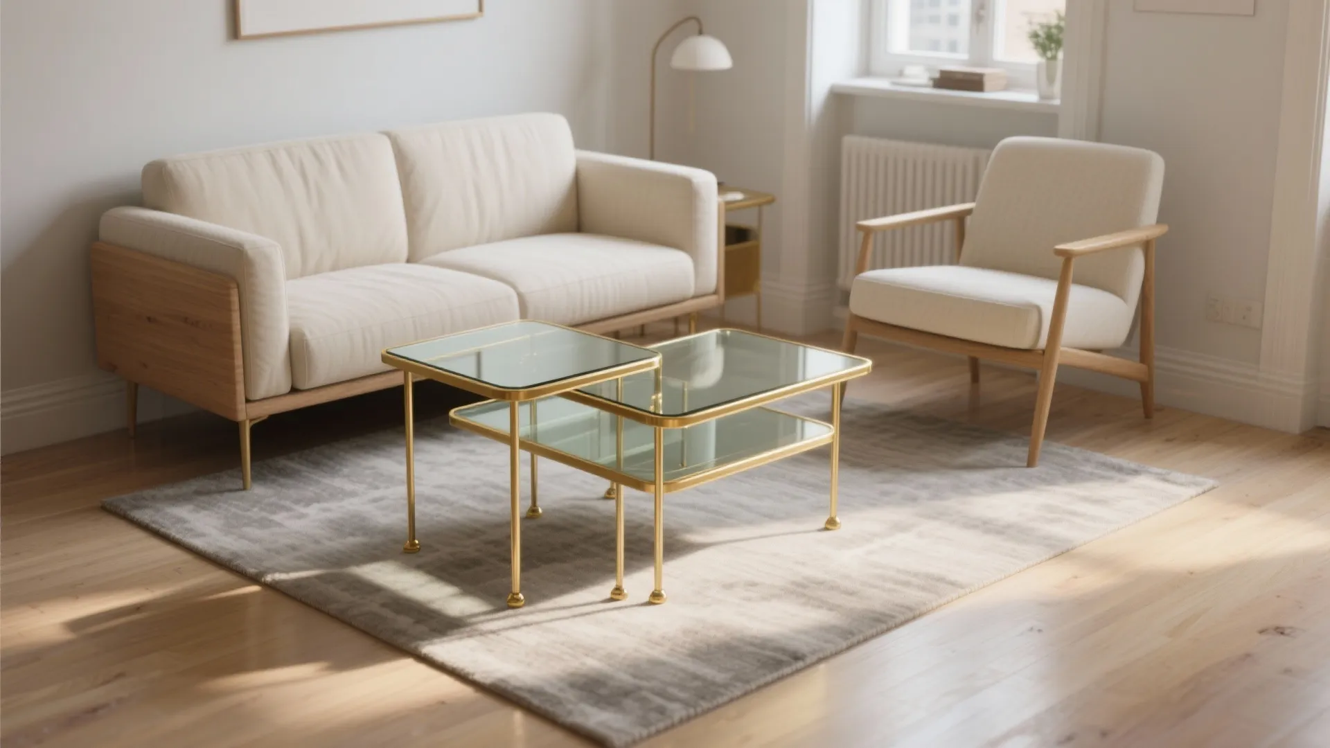 Slim gold nesting side tables by a sofa and accent chair with clear walkways in a small living room