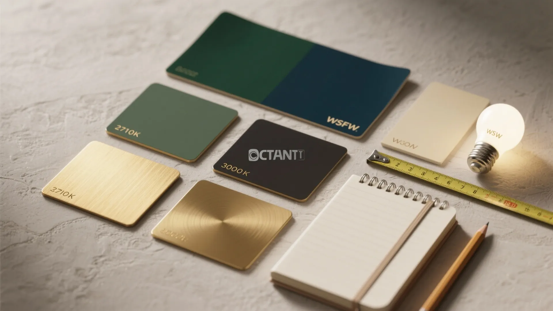Interior design mood board with color swatches, metal samples, notebook, pencil, tape measure, and lightbulb