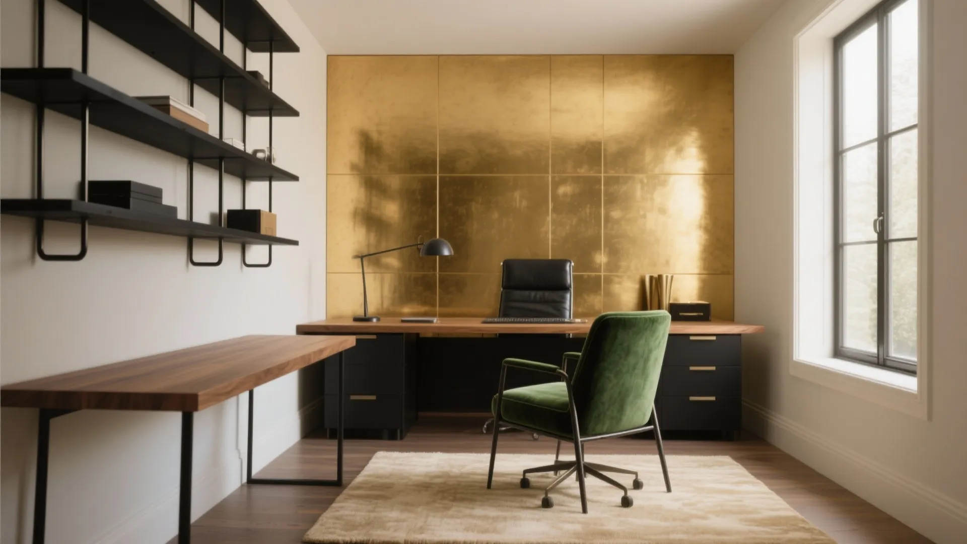 Modern home office with gold wall panel black shelves wooden desk green chair and large window