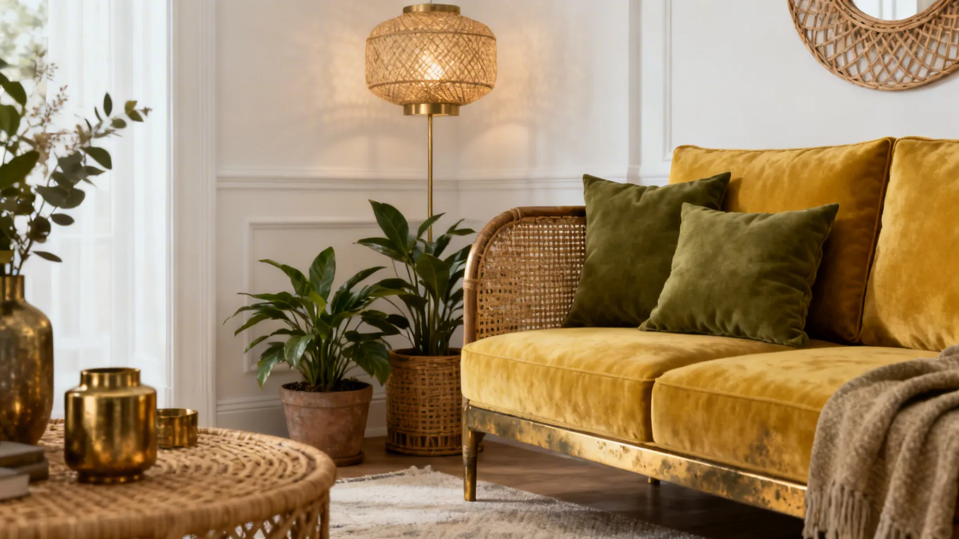 Cozy living corner with golden yellow upholstery, olive green accents and rattan details