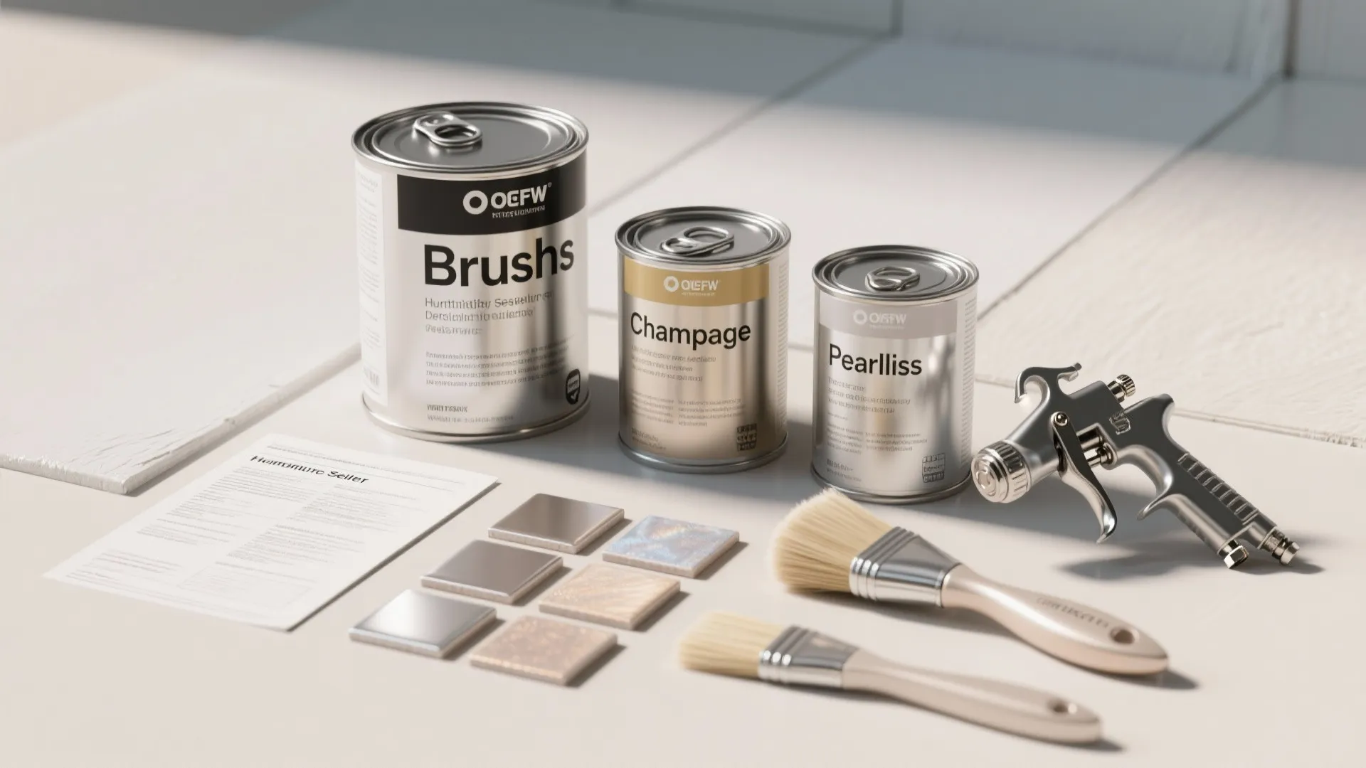 Collection of paint cans brushes spray gun and metal color samples for home interior painting