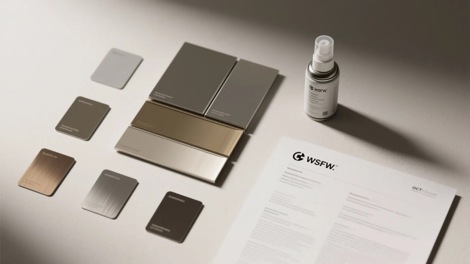 Top-down view of metallic finish swatches, sample panel and a technical datasheet for paint choices.