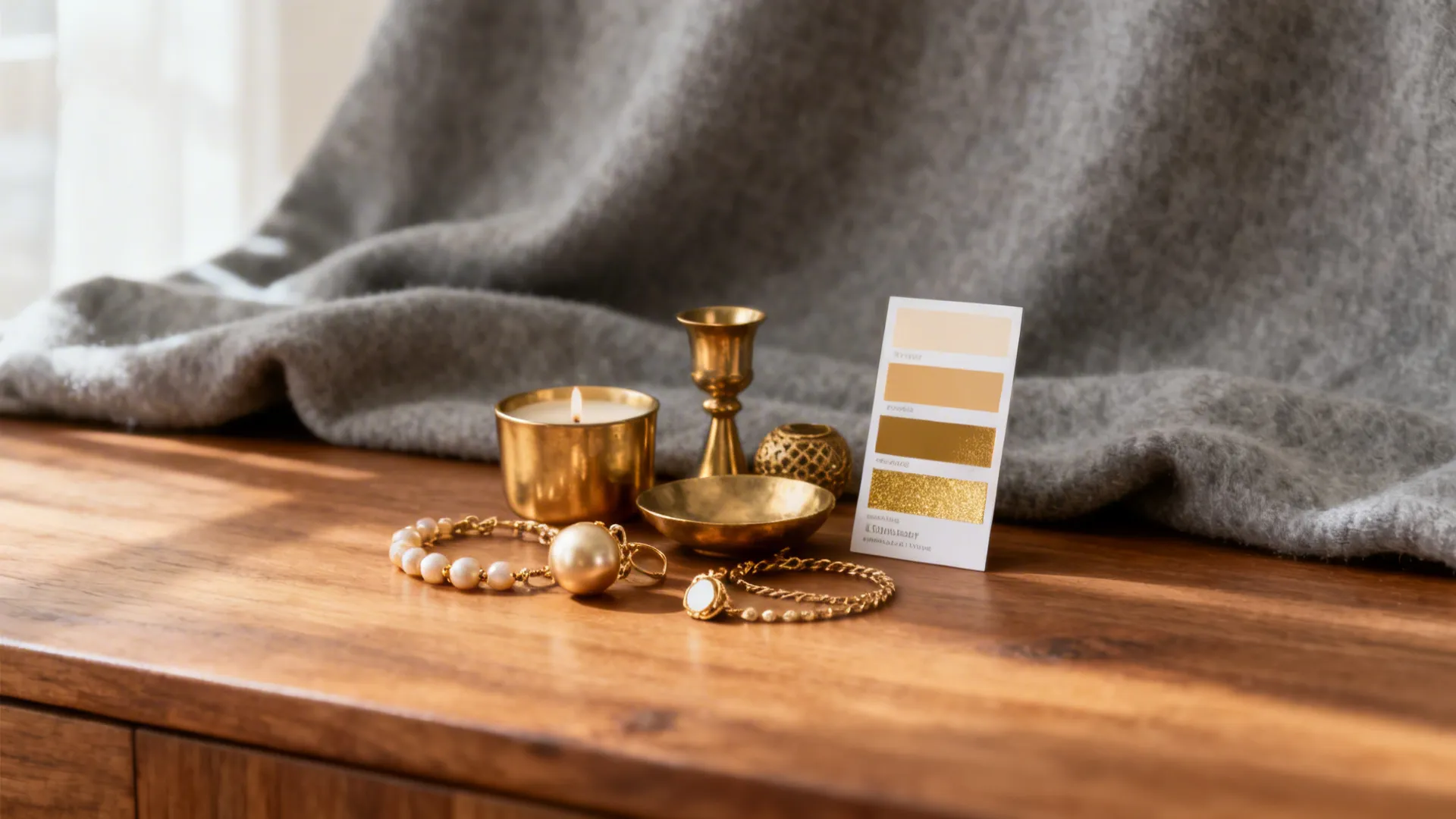 Close-up of champagne gold accessories paired with warm wood and gray textiles illustrating recommended combinations.