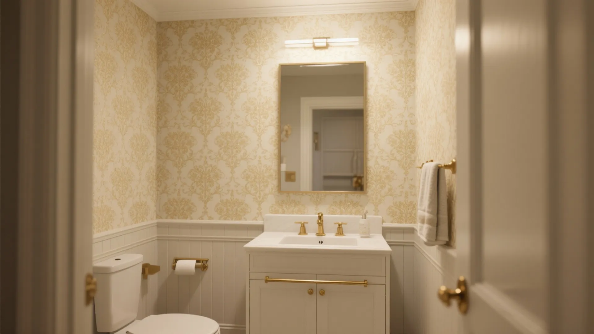4. Accent wall with gold-patterned wallpaper