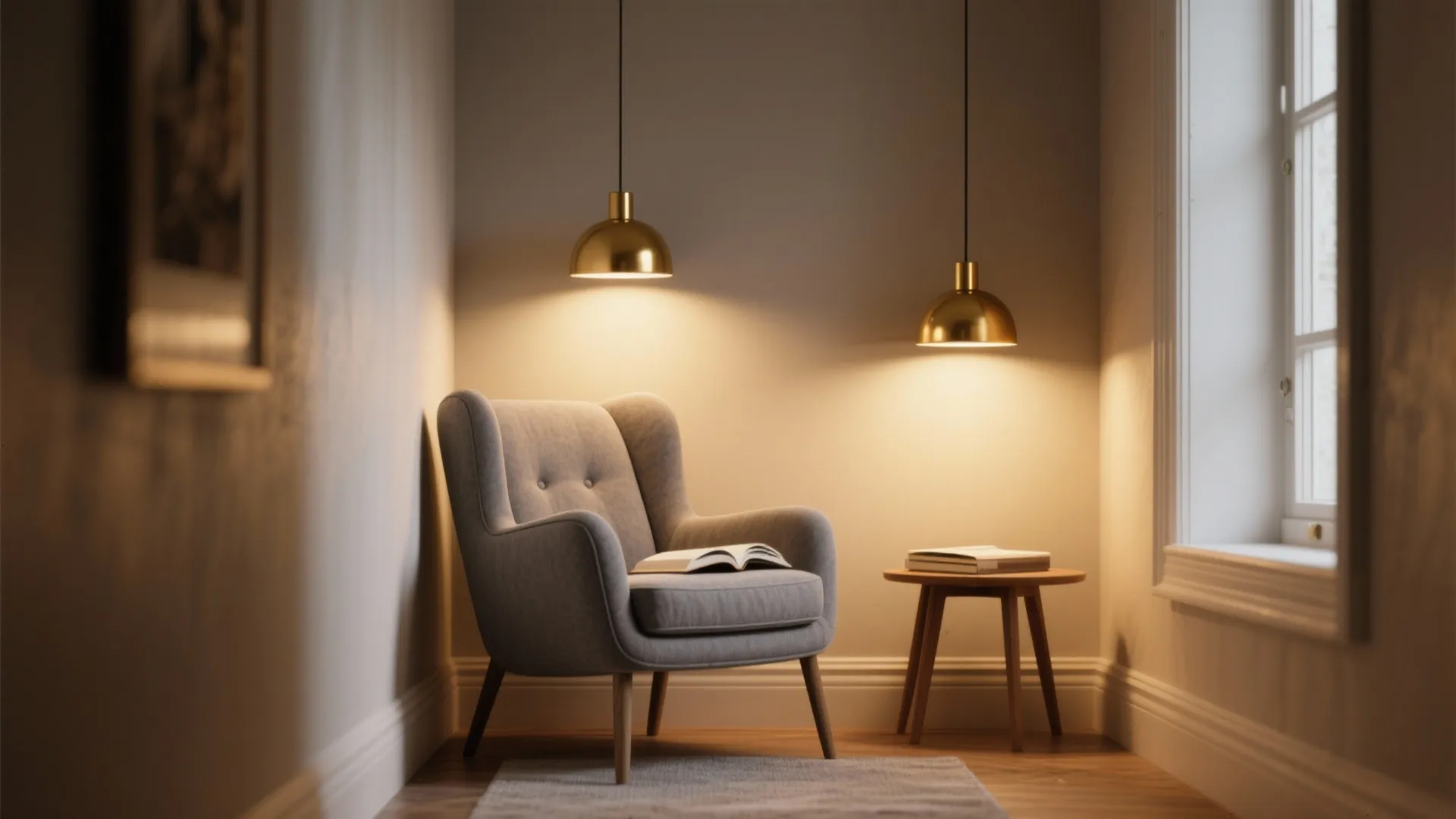 7. Gold Pendant Lights Over a Grey Reading Nook