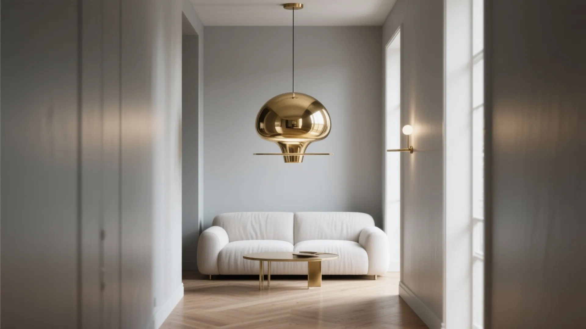 Modern living room featuring a gold ceiling light above a white sofa and wood floor