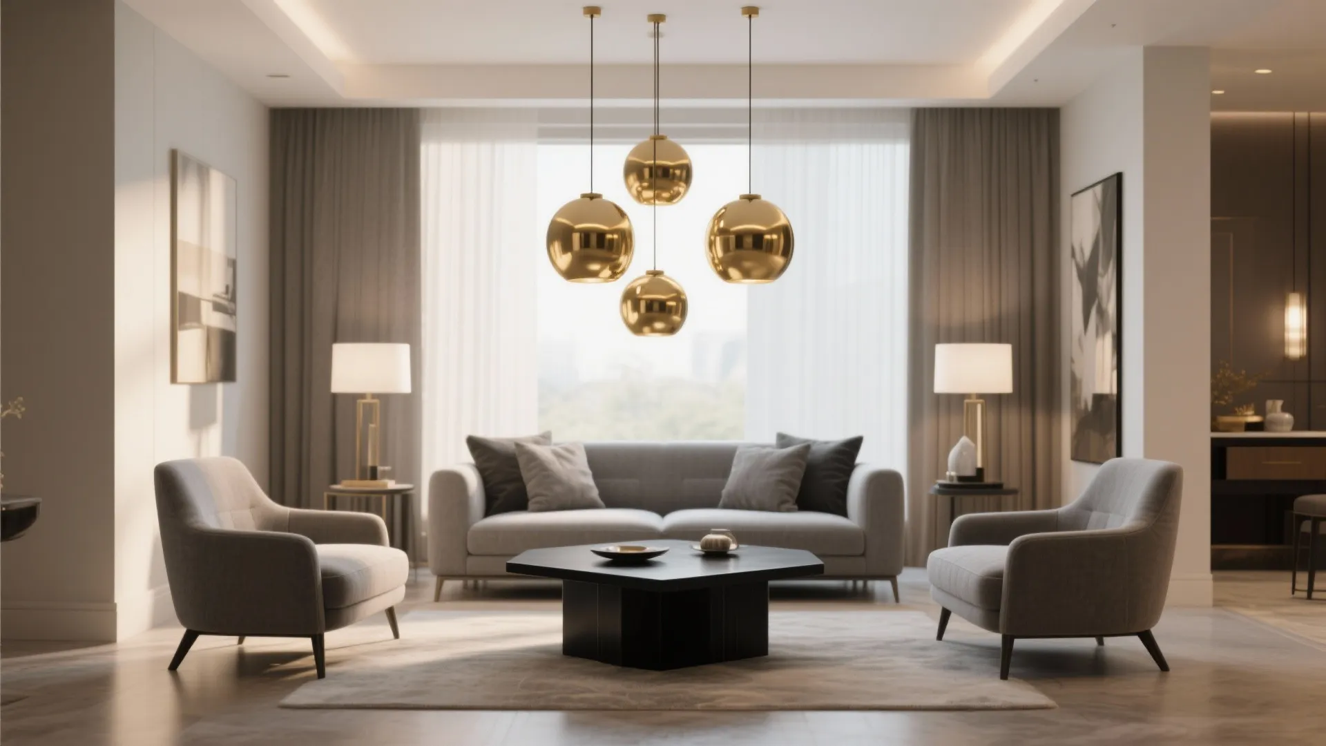 5. Gold Pendant Lights Over a Black Coffee Table