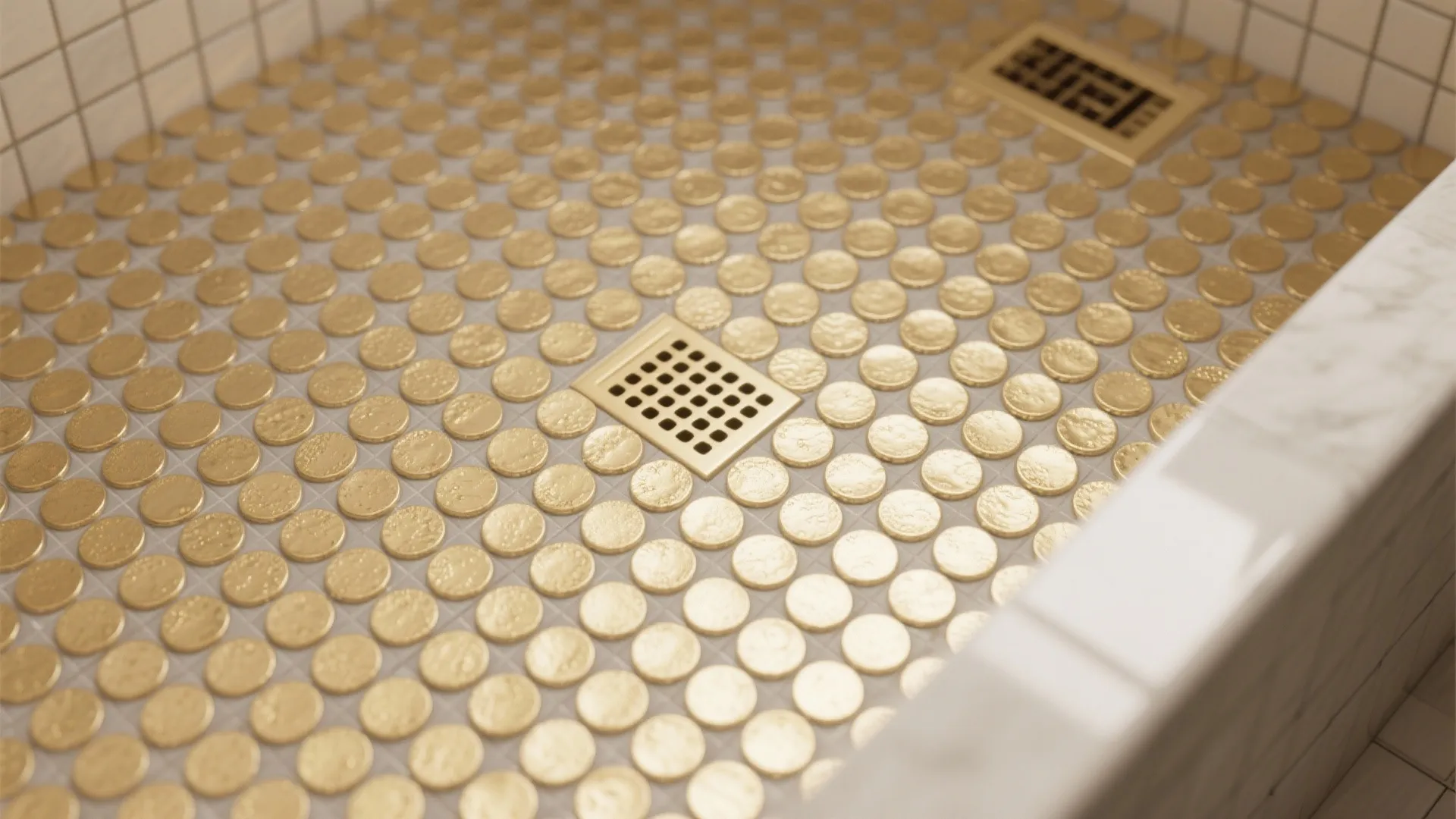 Matte Gold Penny Tiles in Wet Zones