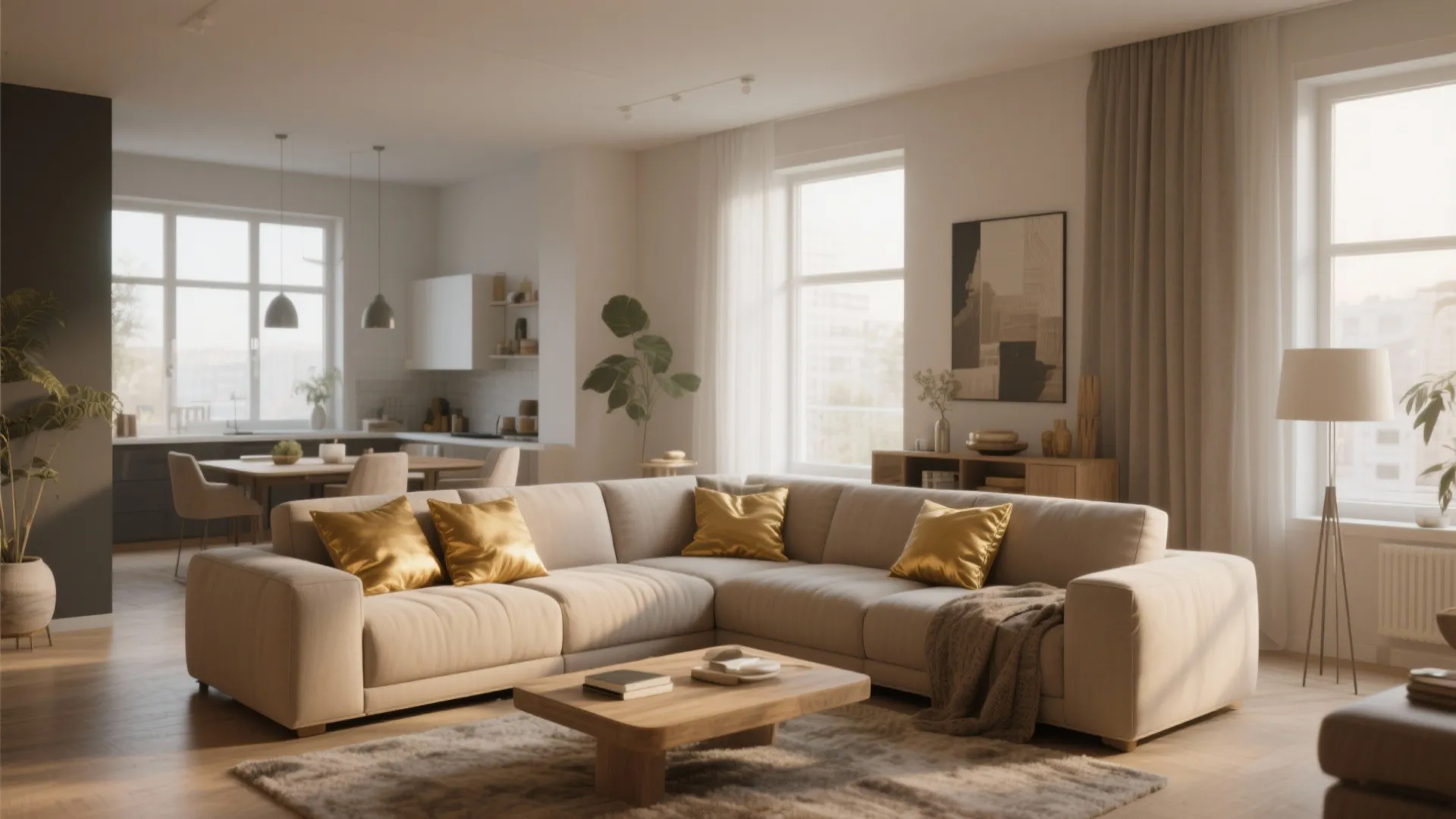 6. L-Shaped Sectional with Golden Throw Pillows