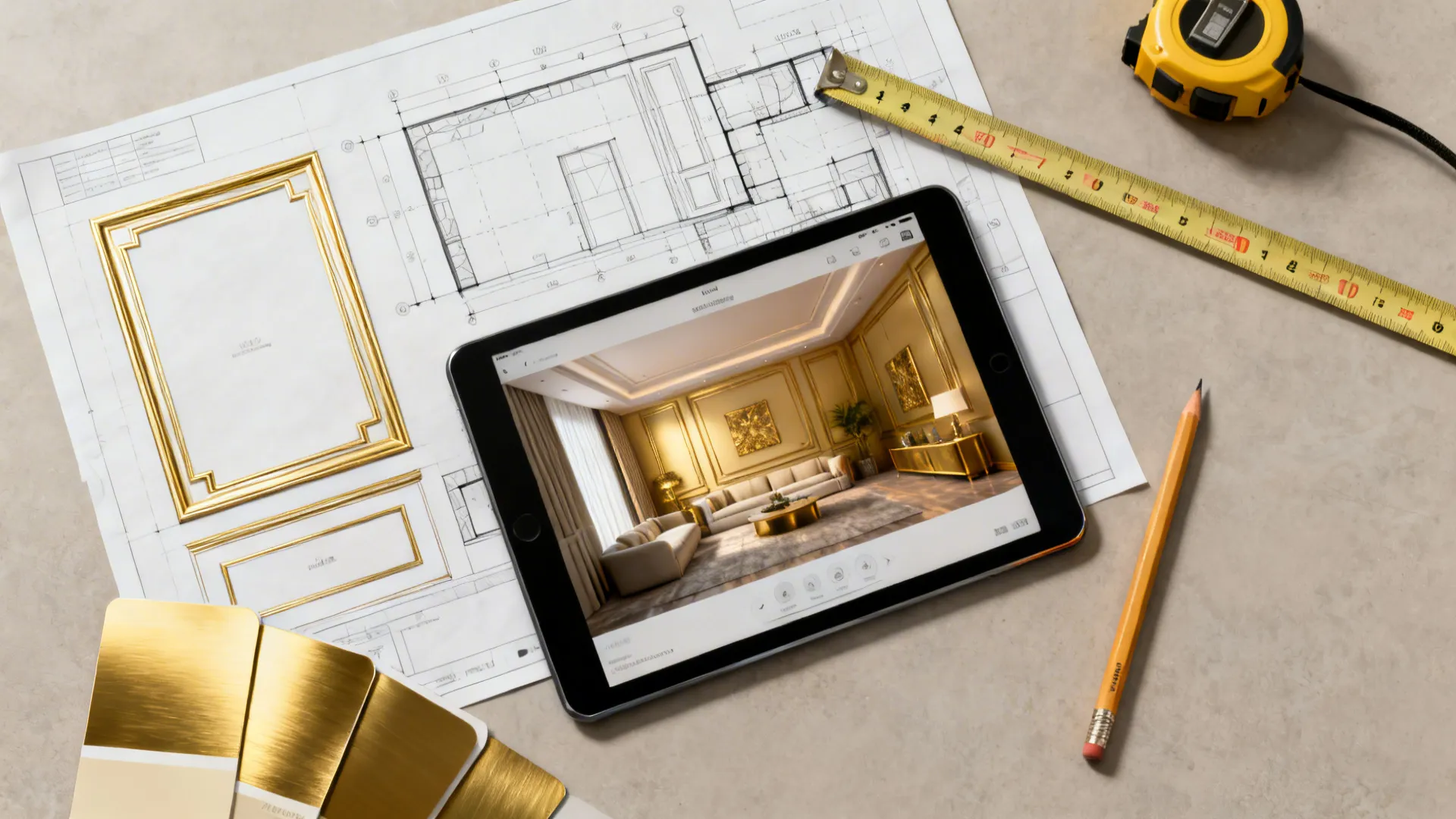 Top-down flatlay of paper templates, finish swatches and a tablet with a room planner for gold wall decor planning