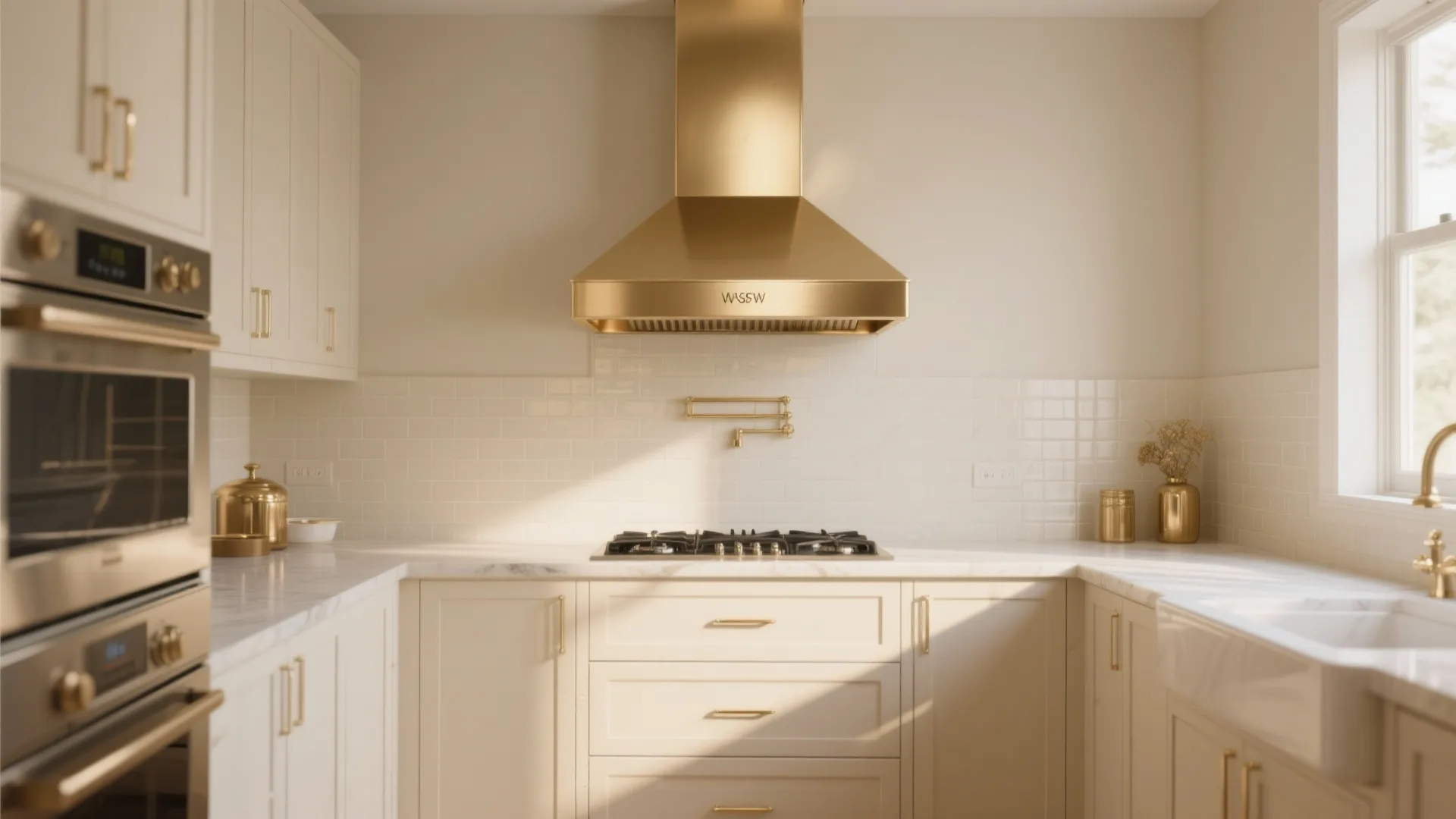 Brushed champagne gold range hood in a cream kitchen