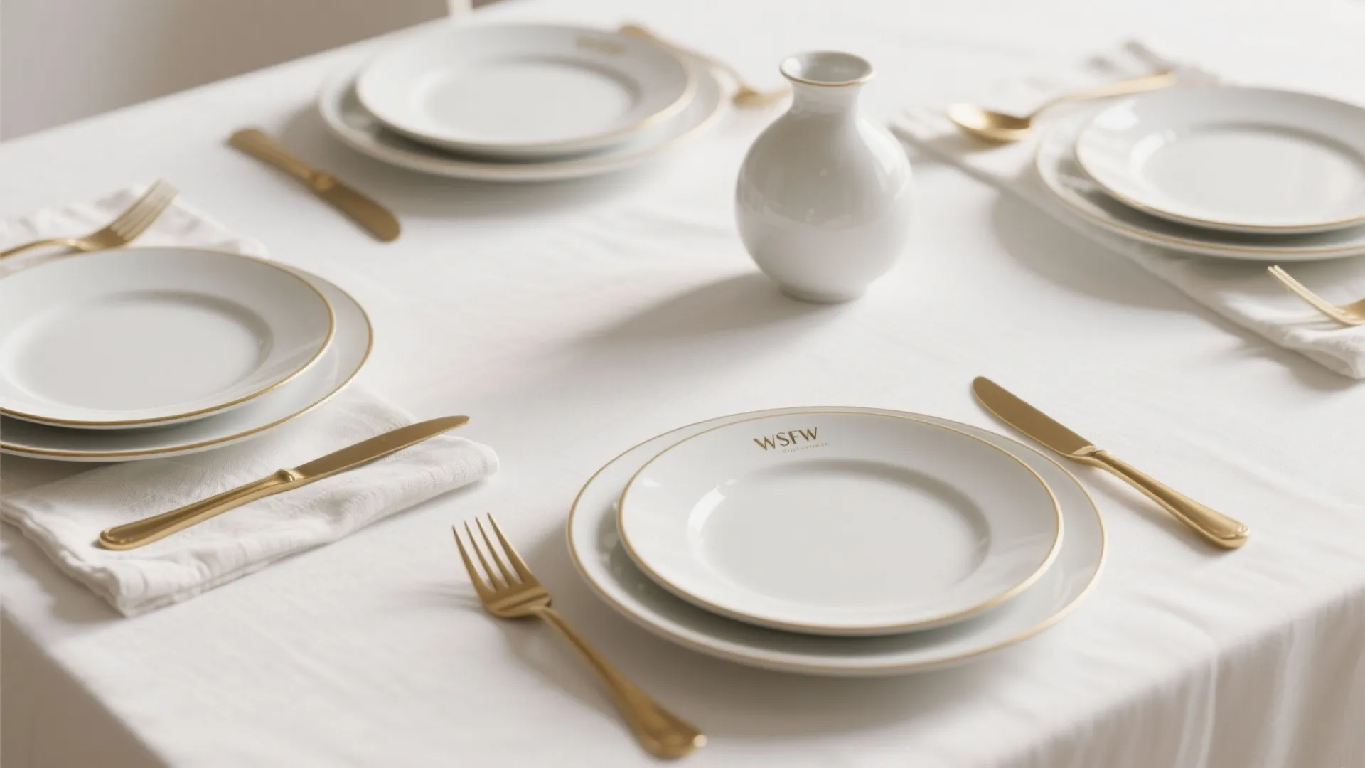 2. Gold Rimmed Plates and White Linens