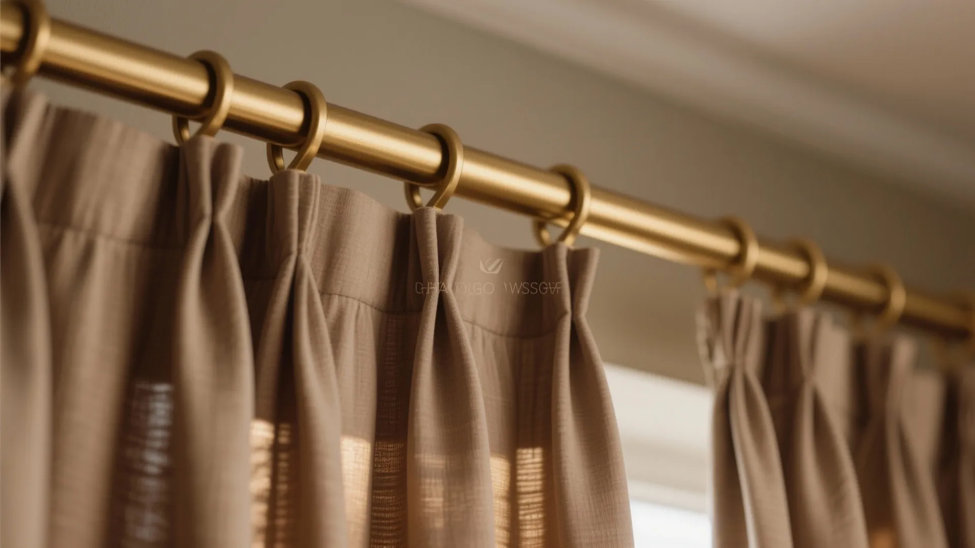 Matte gold curtain rod with light brown drapes