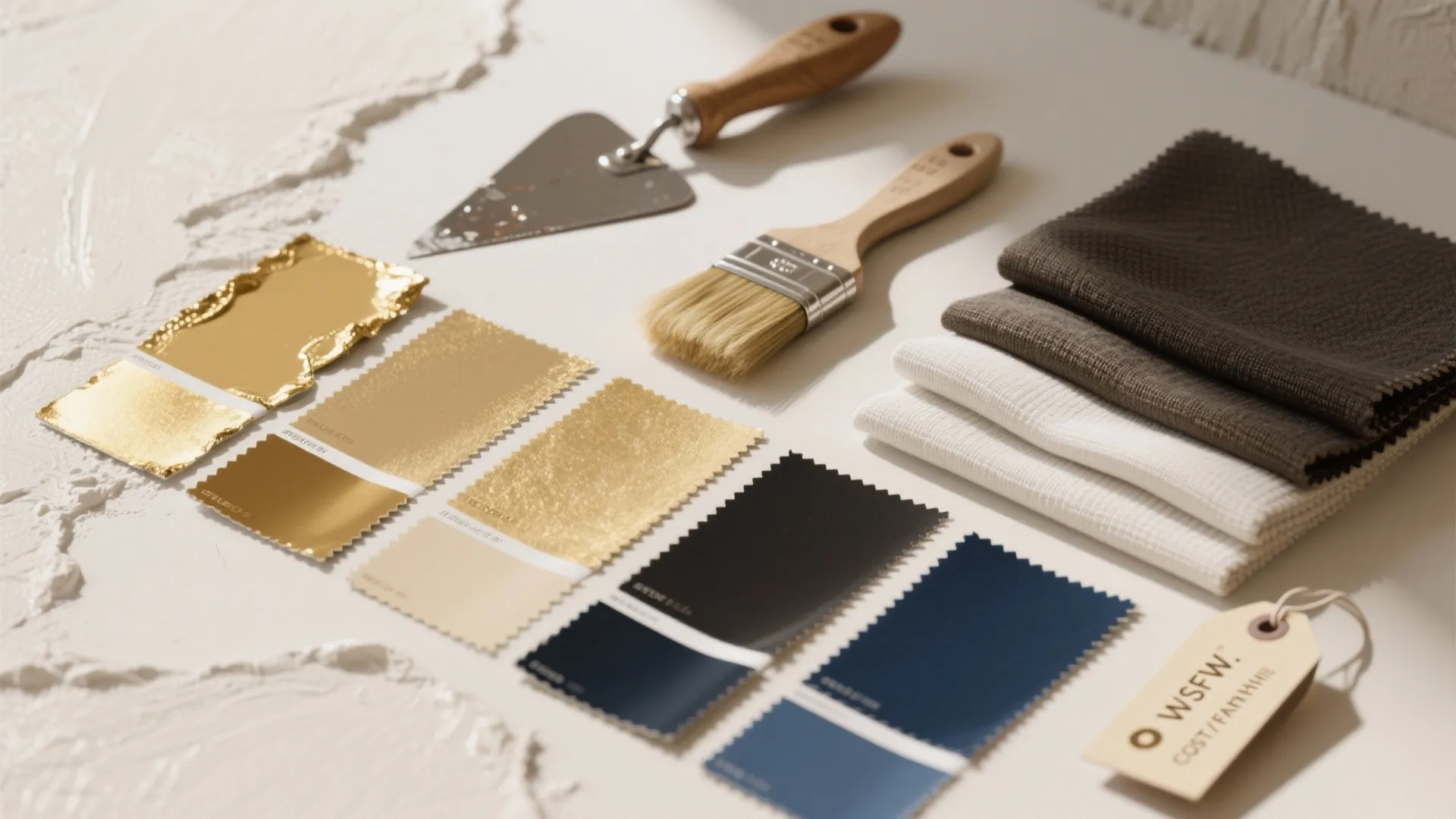 Interior design material swatches with gold paint samples, brushes, towels, and a small metal tool