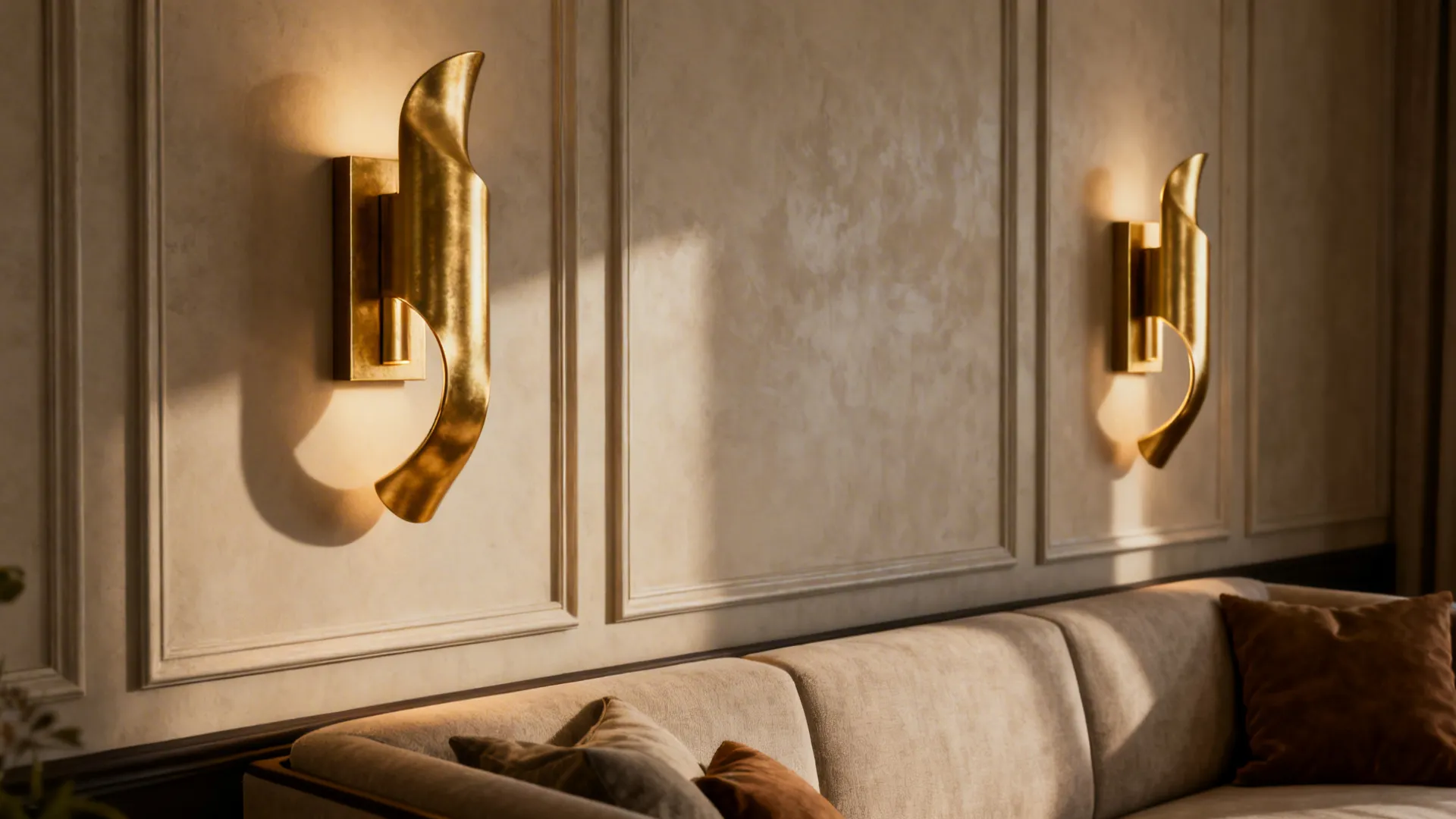 Sculptural satin-gold wall sconces casting warm layered light above a compact sofa