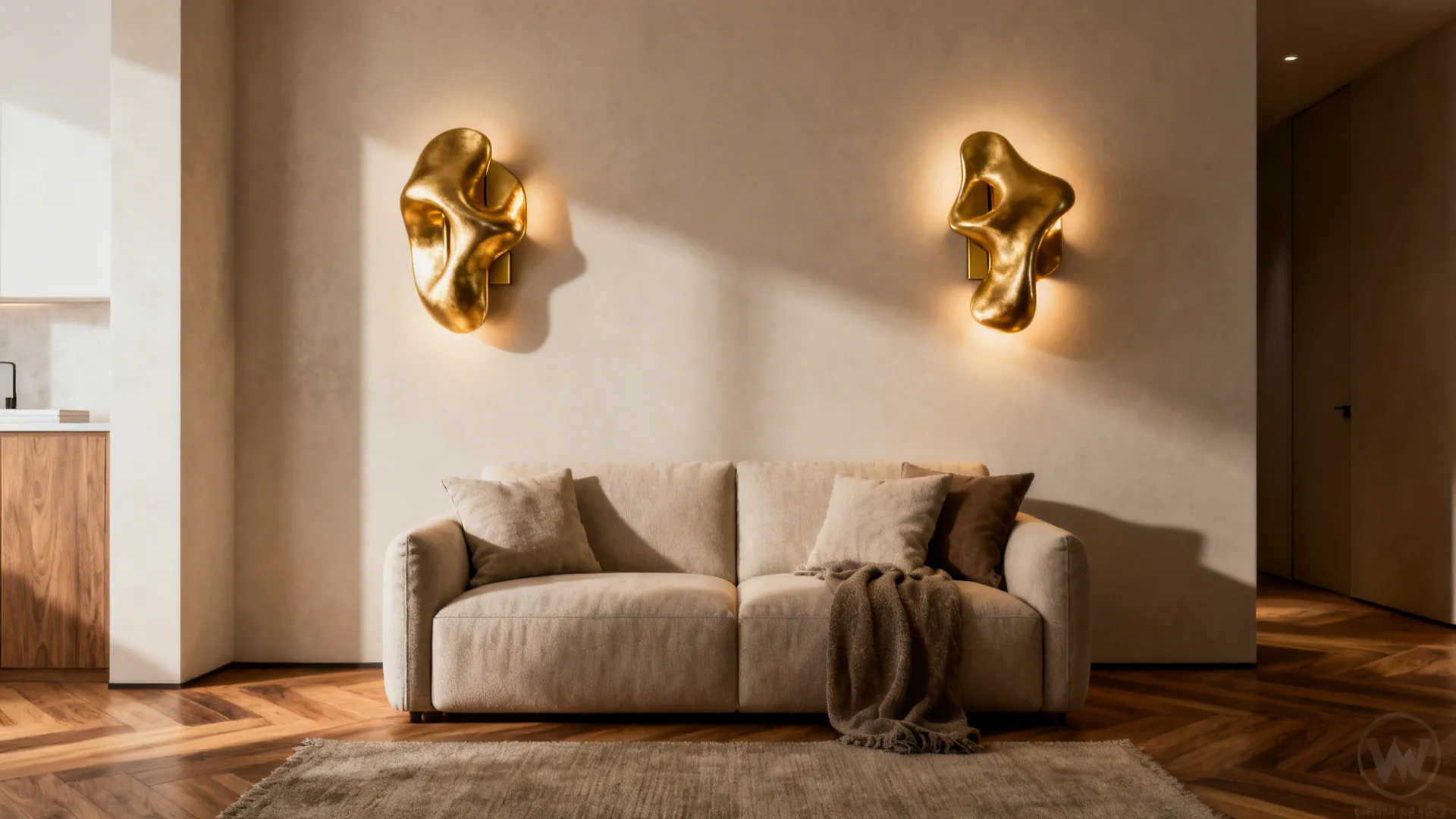 Sculptural gold wall sconces doubling as wall art in a compact living room, providing layered warm lighting.
