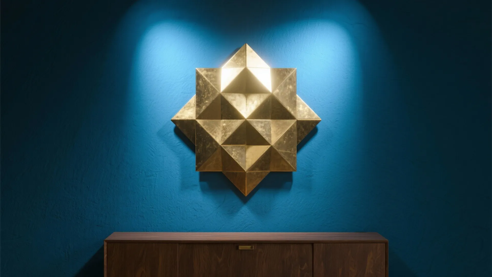 3. Geometric Metal Sculpture in Gold with Blue Backdrop