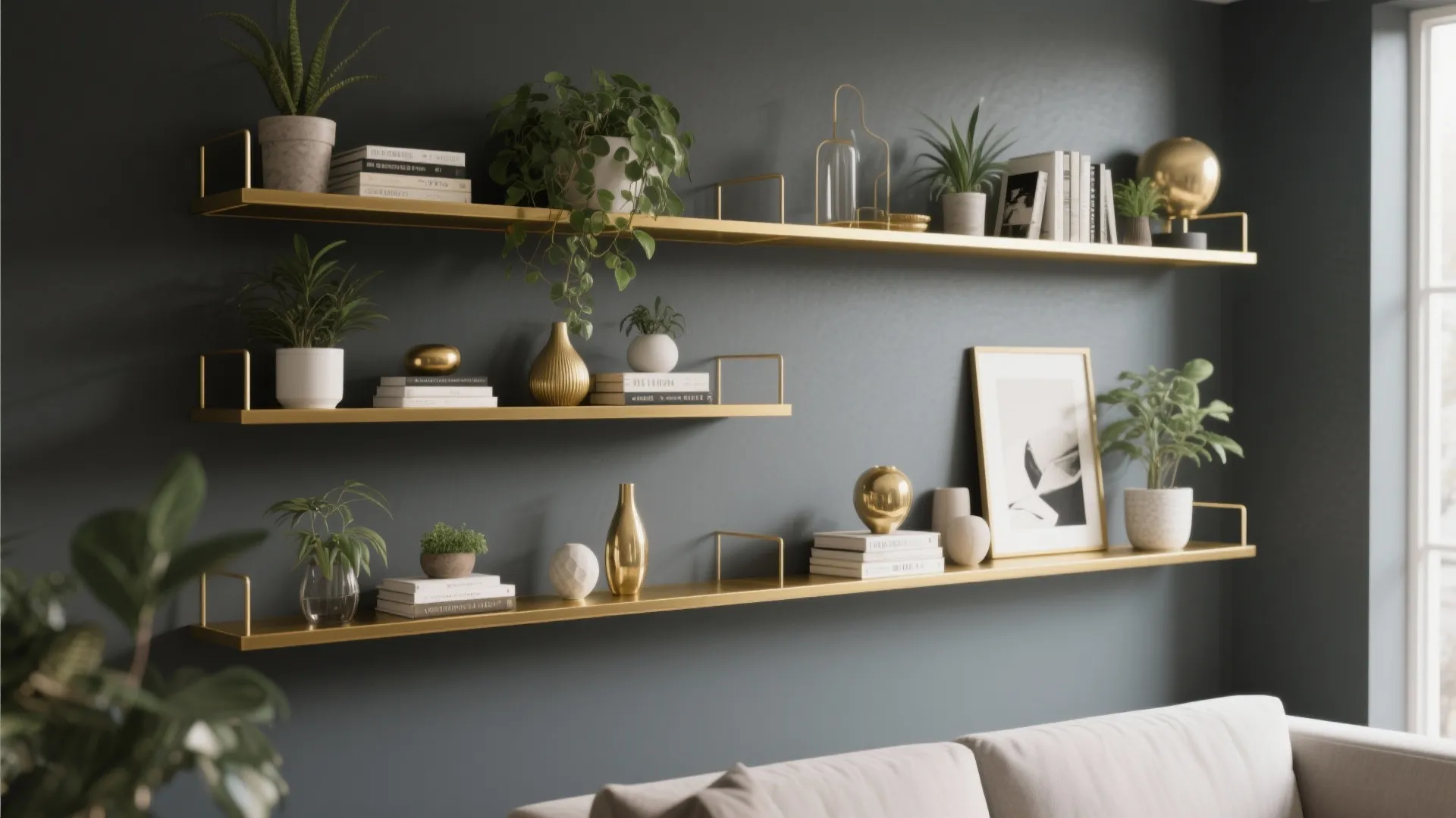 9. Gold-toned Open Shelving on Gray Background