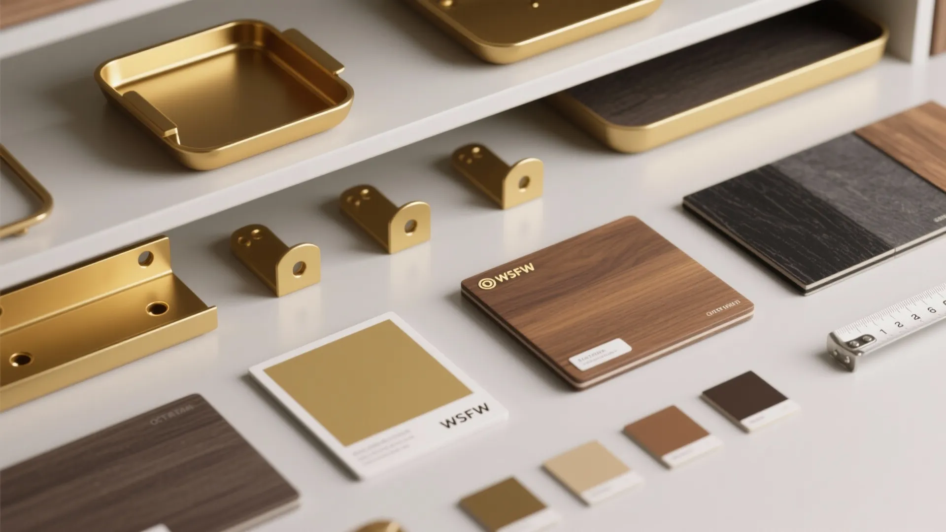 Interior design materials including gold hardware wood samples color swatches and a tape measure on table