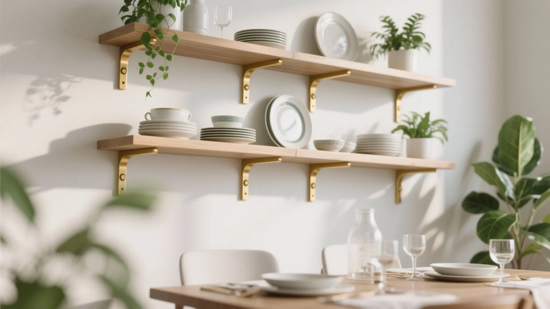 Two wooden wall shelves with gold brackets holding white plates bowls and green potted house plants