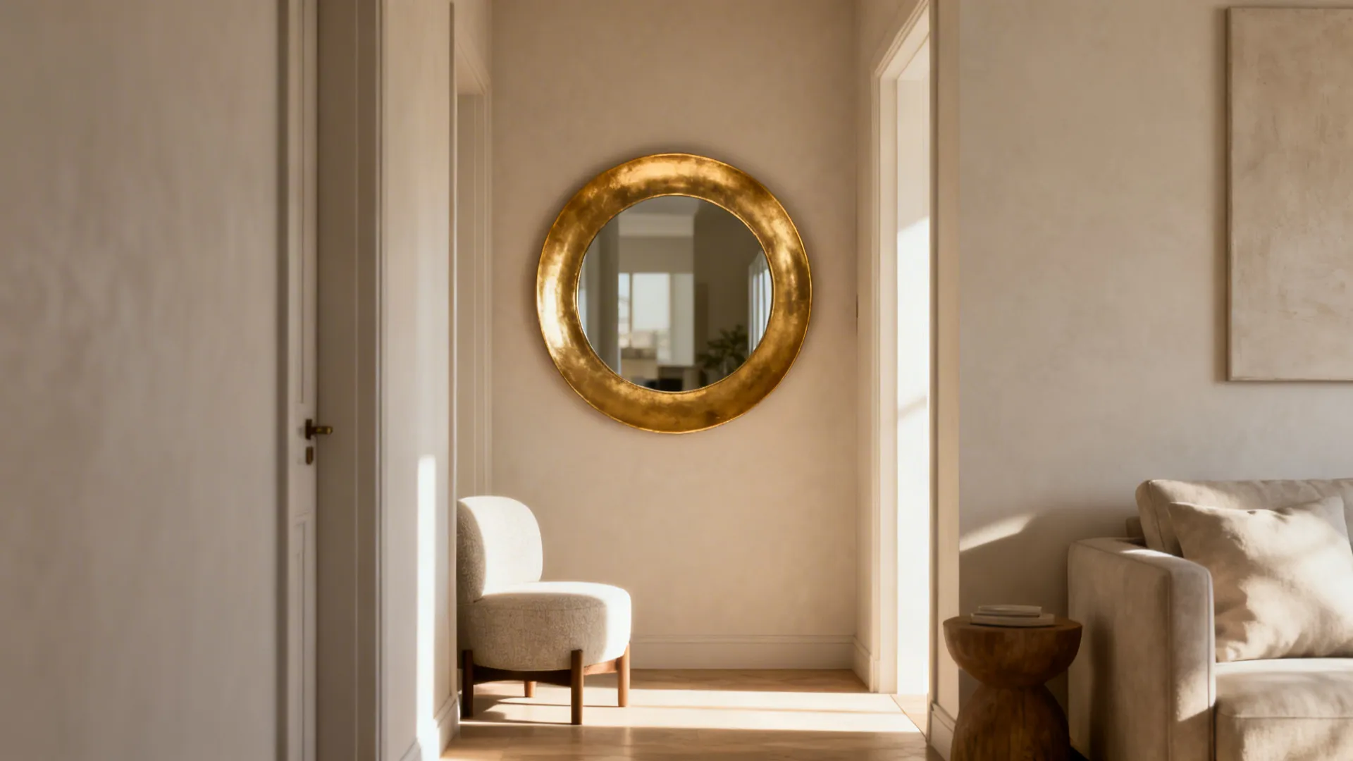 Round gold-framed mirror on a light wall reflecting a compact living area