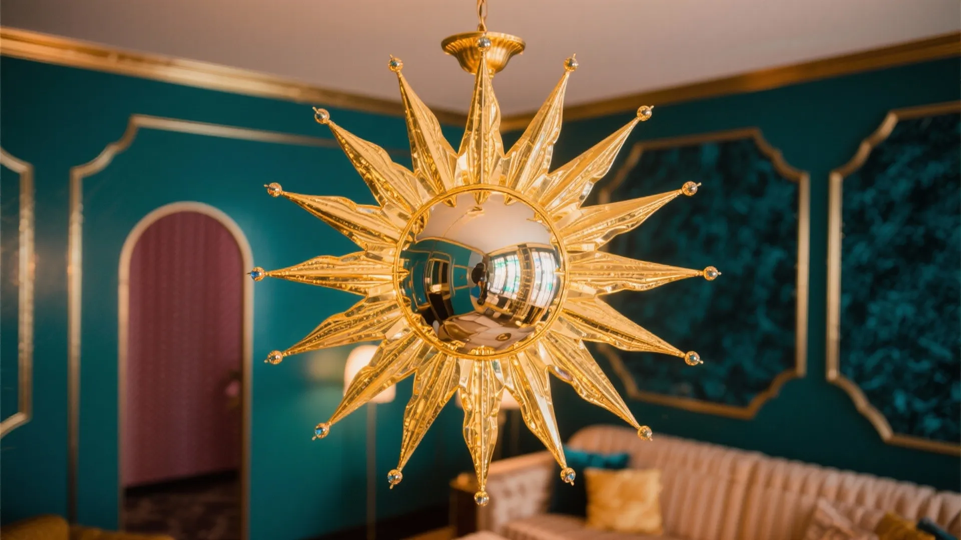 Golden sun shaped ceiling light hanging in a room with dark teal walls and beige sofa