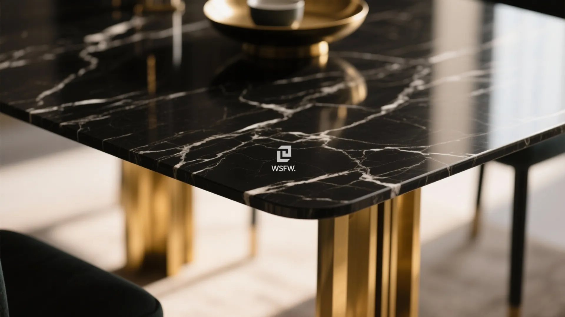 Close up view of black marble dining table top with shiny gold legs and base