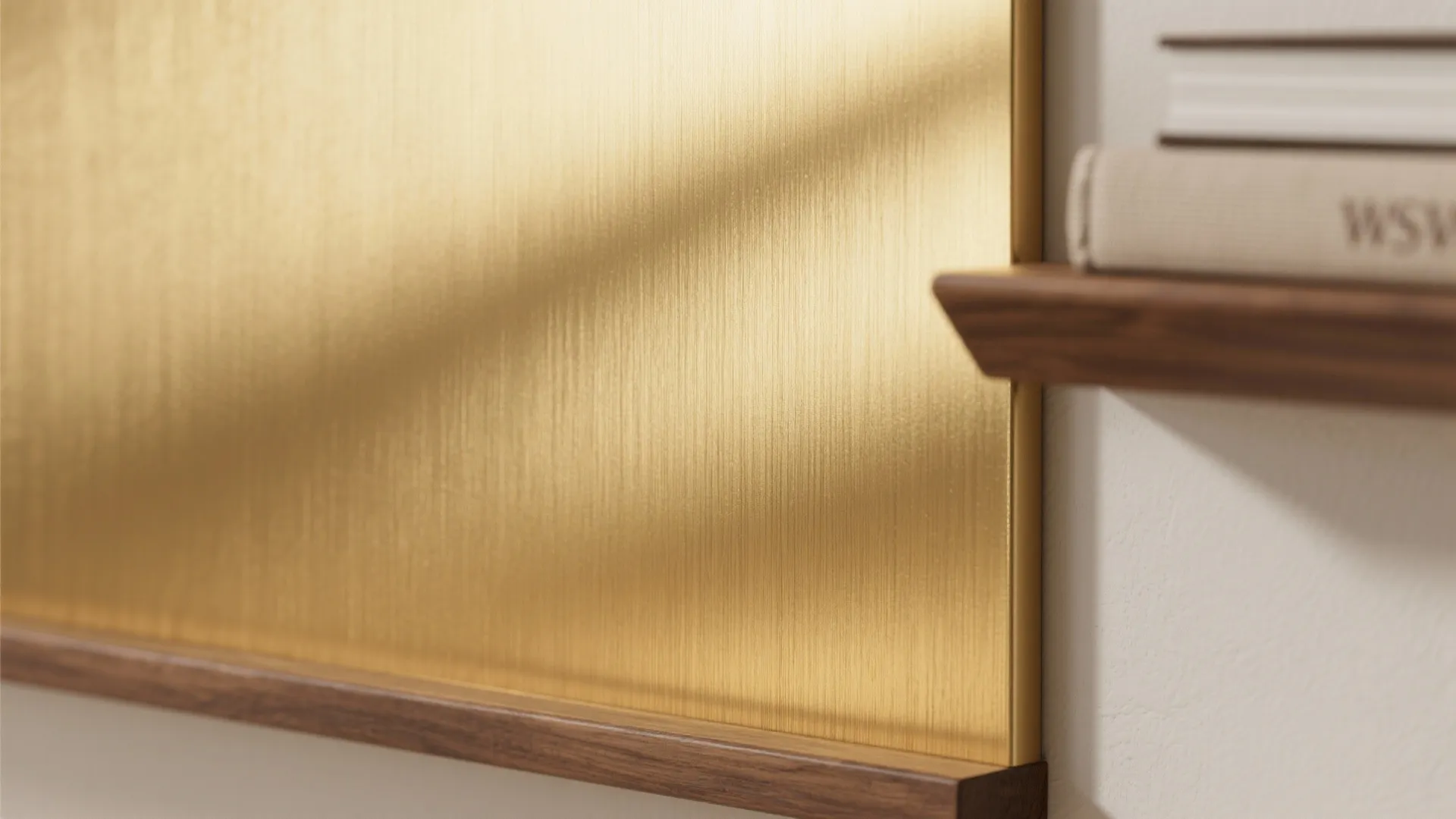 Close up of gold wall panel with brushed metal texture and wooden frame on white wall