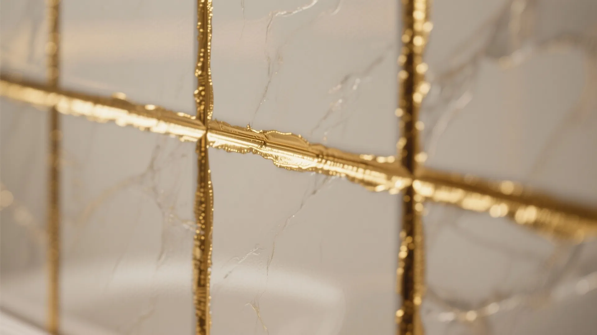 Close-up of bathroom tile grout lines painted in gold metallic finish
