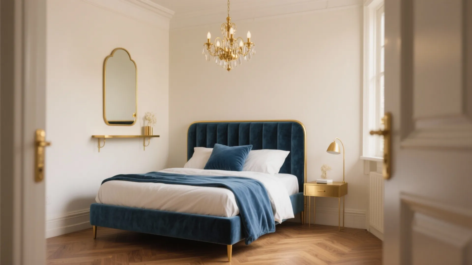 Elegant bedroom with blue velvet bed gold ceiling light wall mirror wood floor and table