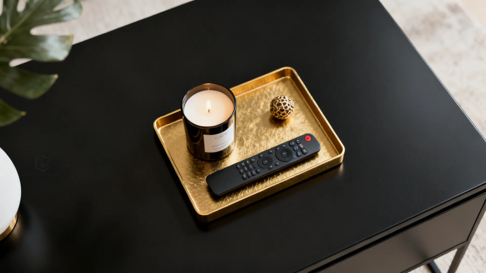 Top-down view of a gold accent tray on a black surface holding small objects
