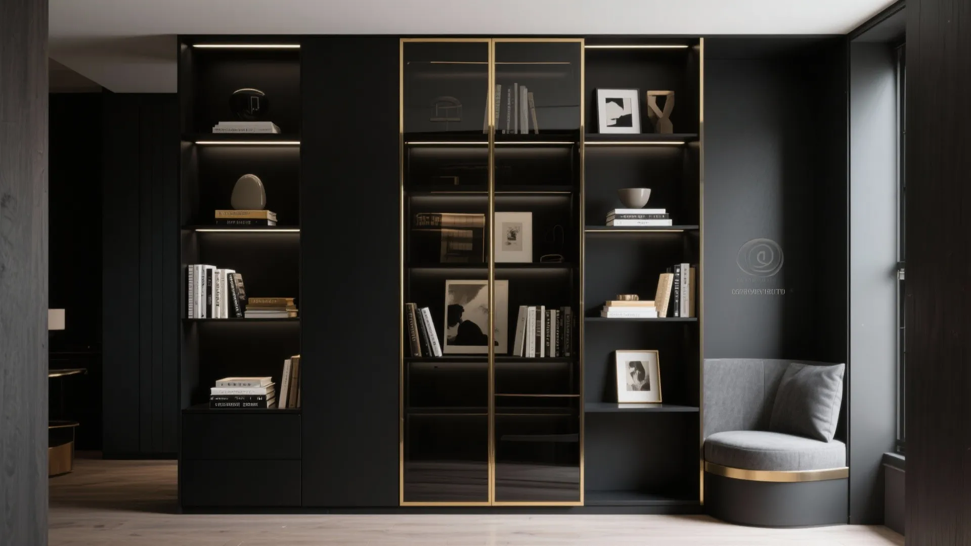 9. Gold-Trimmed Black Display Cabinets