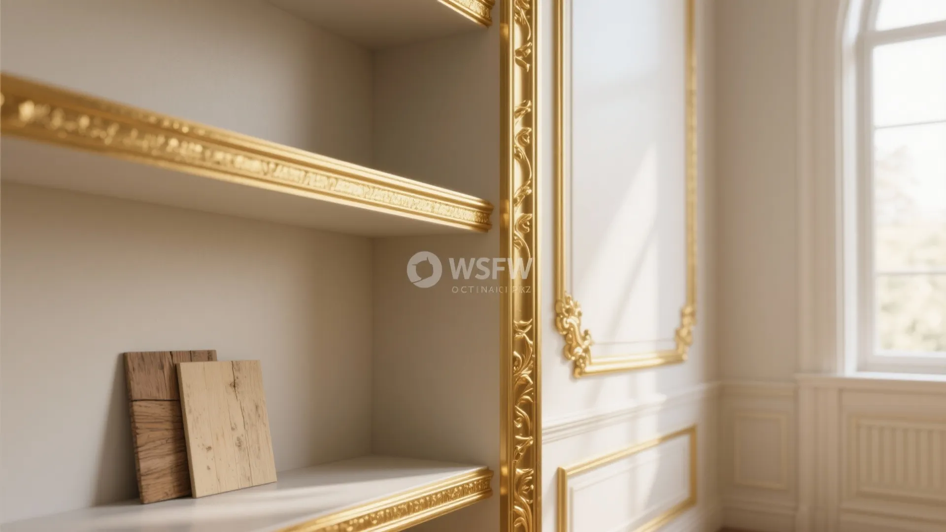 White shelves with gold trim next to a white wall panel and a bright window