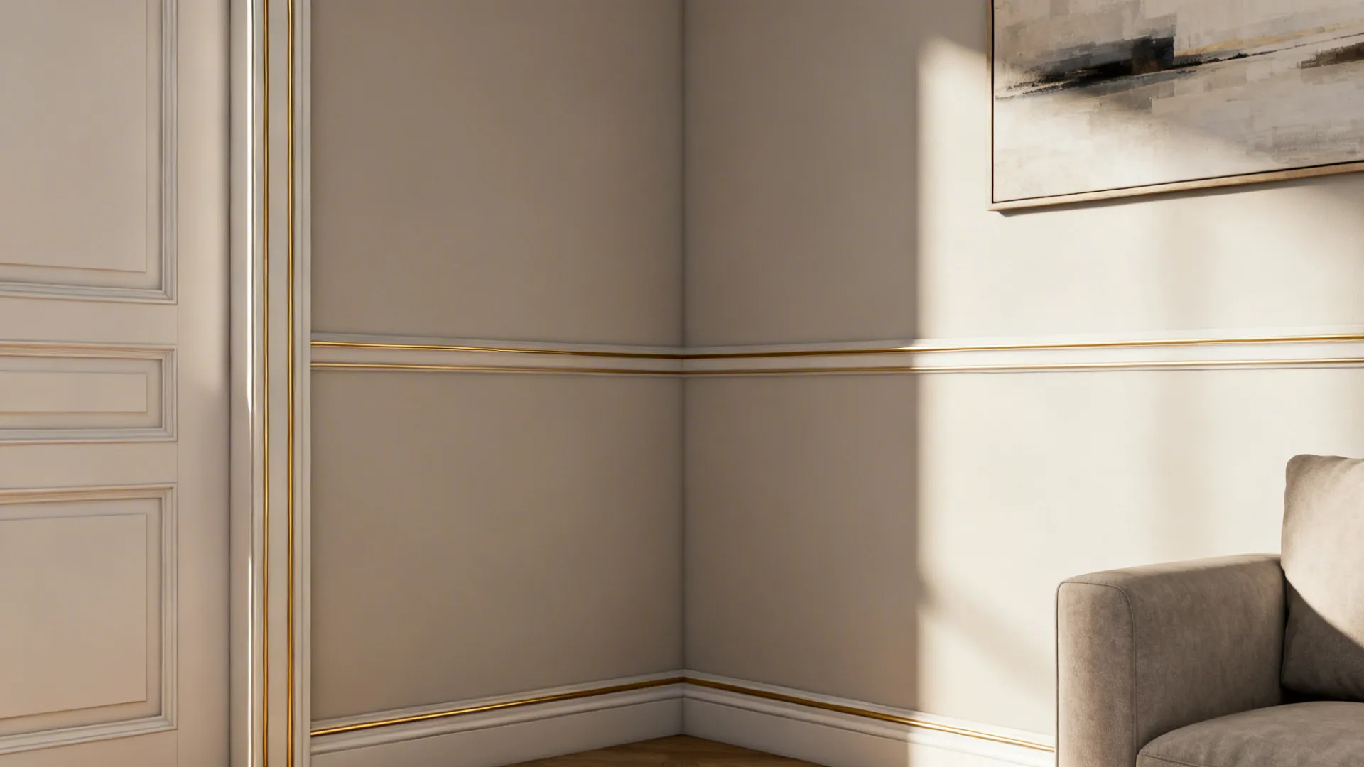 Living room corner with thin gold trim around door frame and picture rail molding on neutral walls