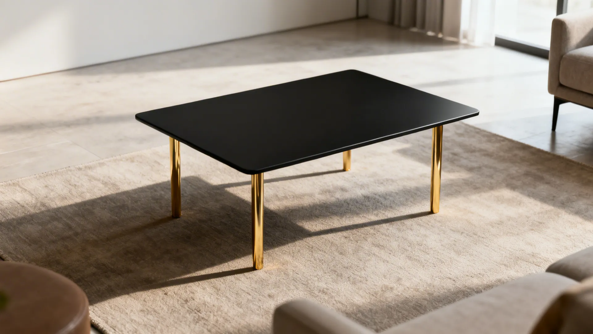 Black coffee table with slim gold legs on a neutral rug in a compact living room