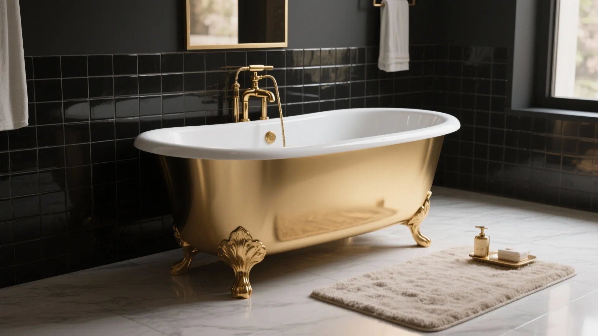 Golden clawfoot bathtub with white interior placed against a black tiled wall in luxury bathroom