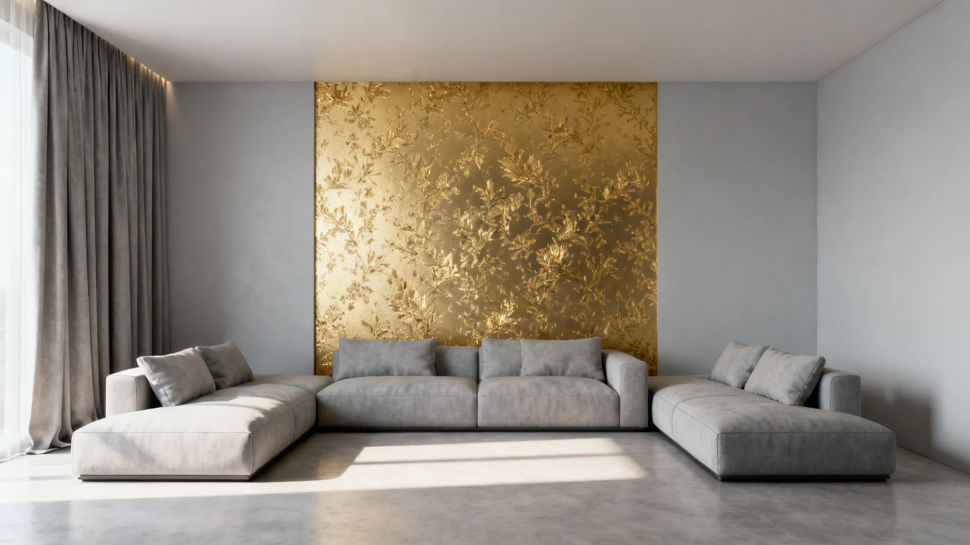 5. Accent wall with gold wallpaper and soft grey furnishings