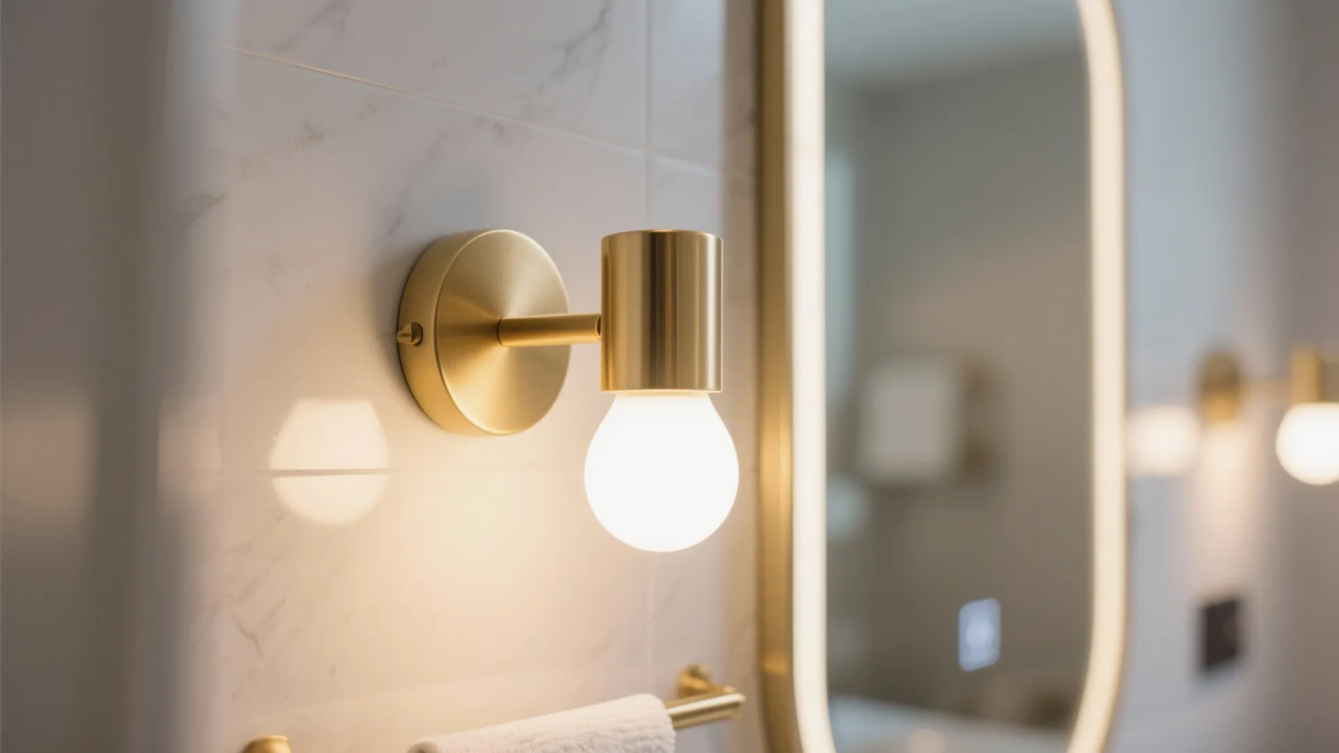 Modern gold wall light with round bulb mounted on white marble tiles next to mirror
