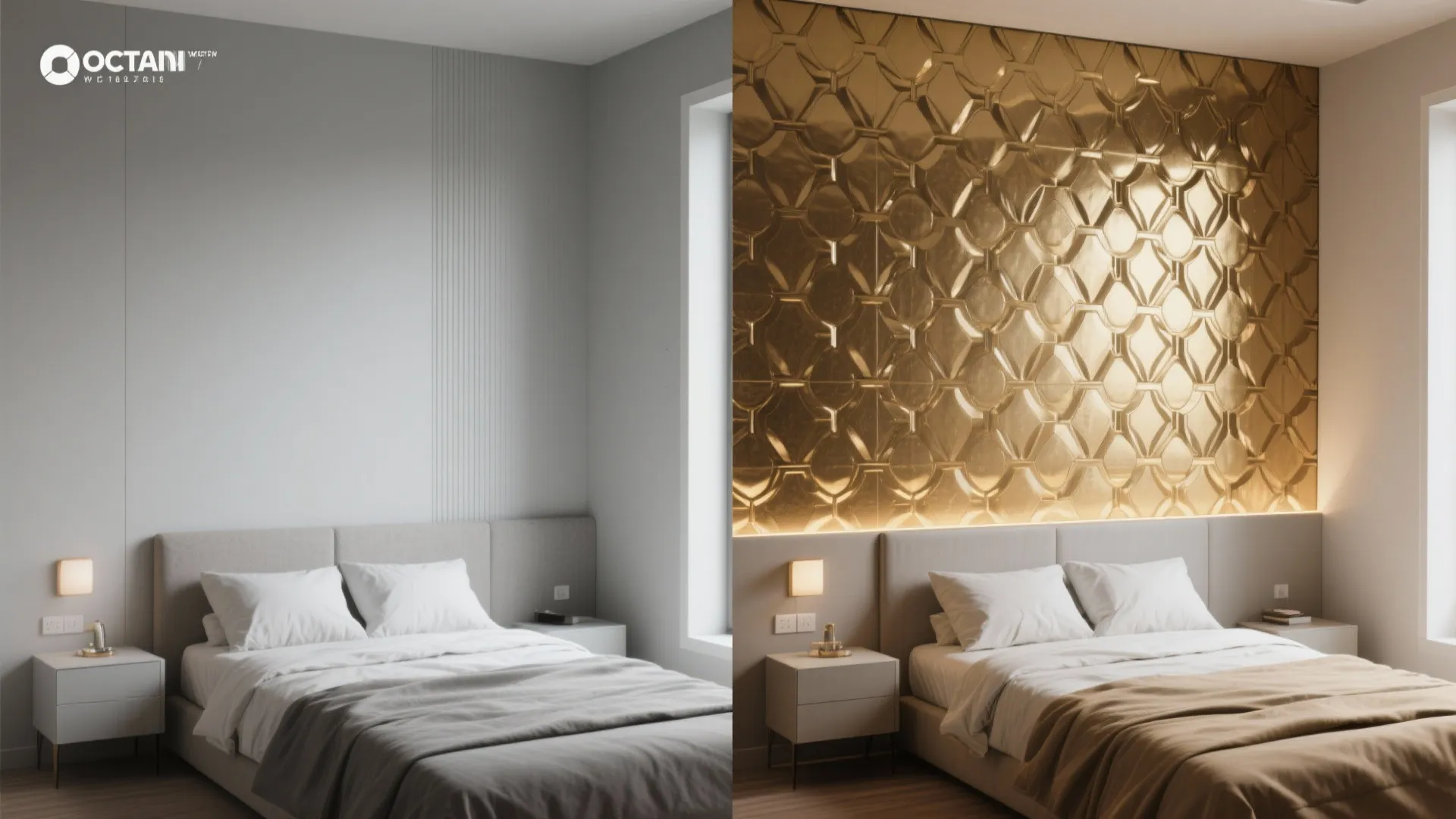 Before and after comparison of bedroom with plain wall versus new gold textured wall panel