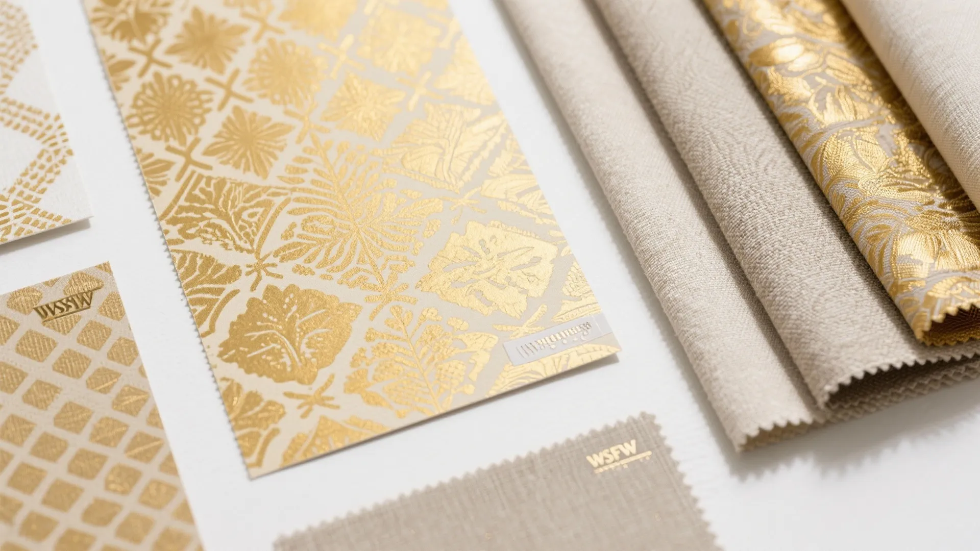 Collection of gold patterned wallpaper samples and light beige fabric swatches arranged on white surface