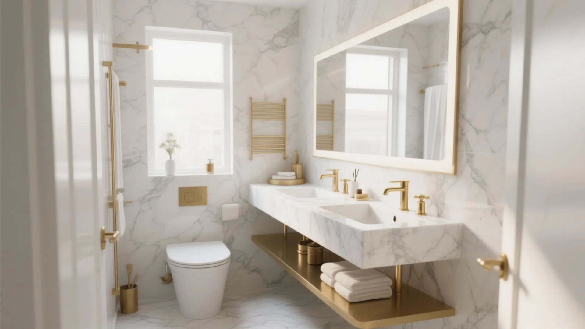 Modern bathroom featuring marble walls, white double sink vanity with gold faucets, and white toilet