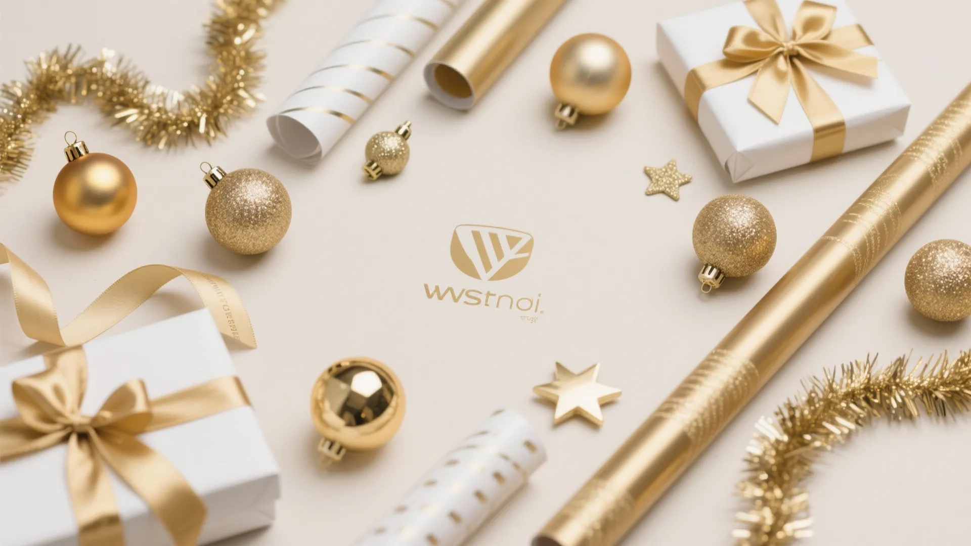 Gold and white christmas gift wrap flat lay with ribbon balls stars and wrapping paper rolls