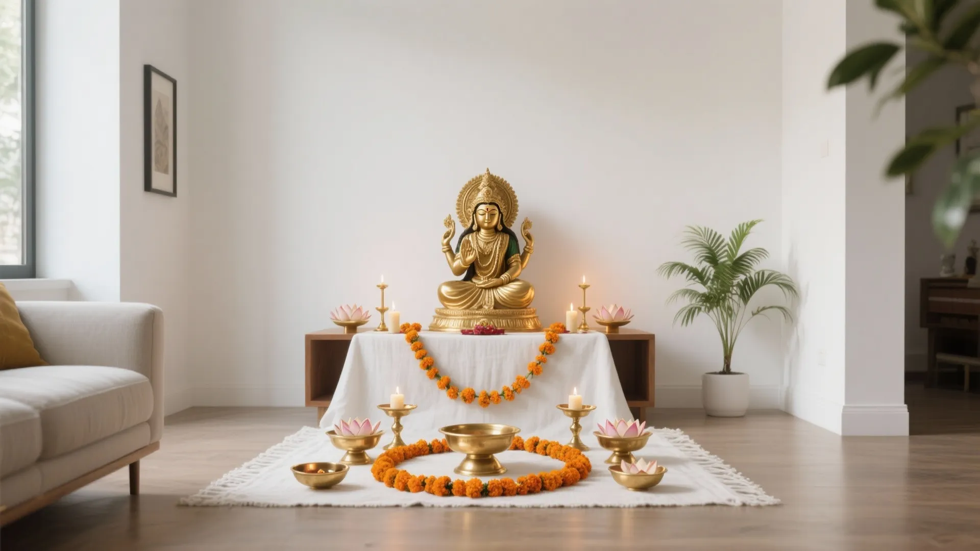 Gold-and-White Palette with Brass Diyas and Marigolds