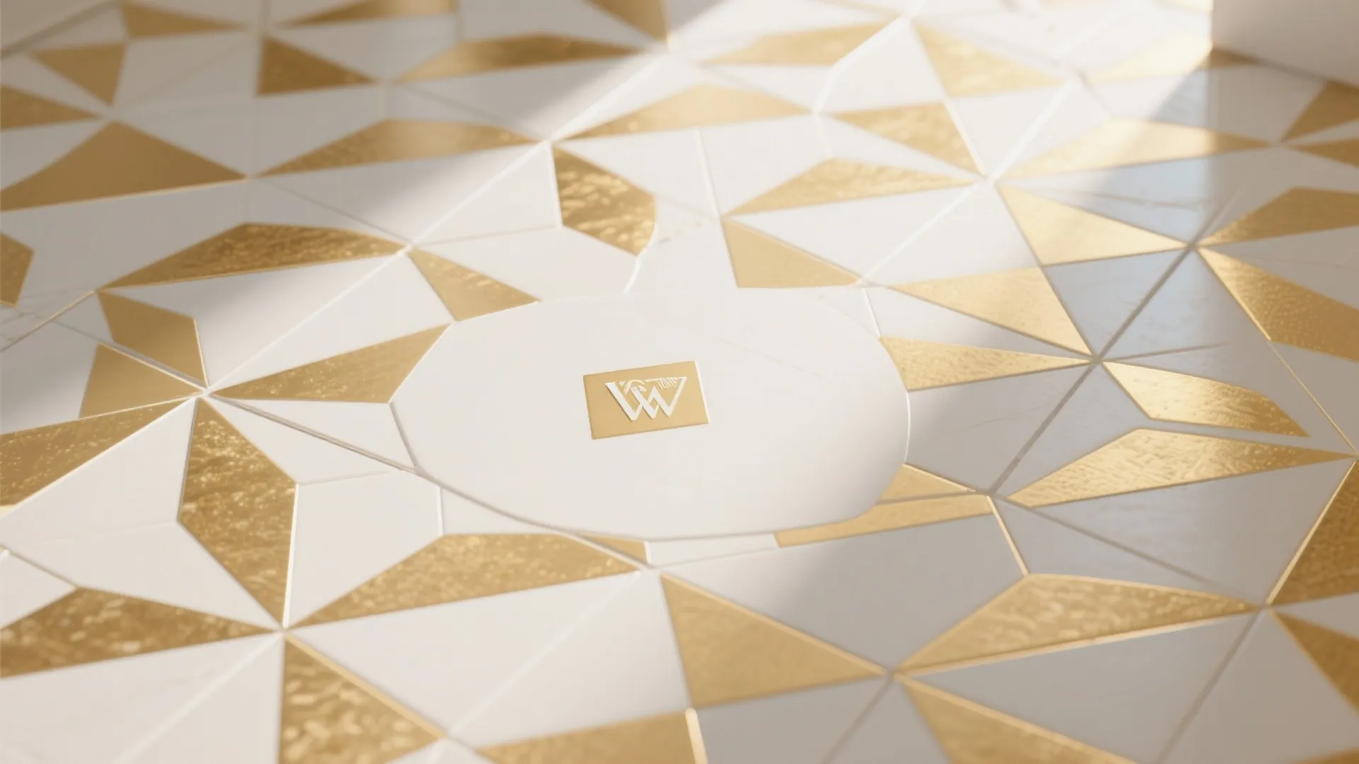 Close up of floor tiles with white and gold triangle pattern under bright natural light