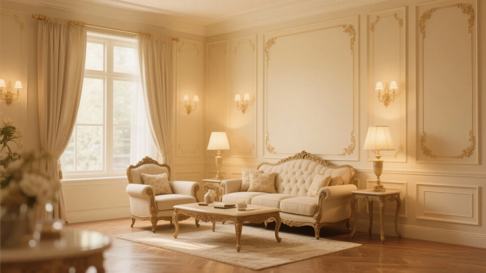 Classic living room with beige wall panels cream sofa armchair coffee table and wall lights
